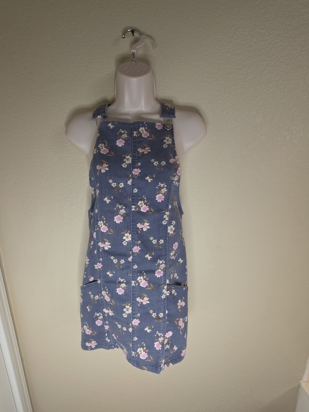 No Boundaries Floral Denim Overall Dress Women’s XS Pinafore Mini
